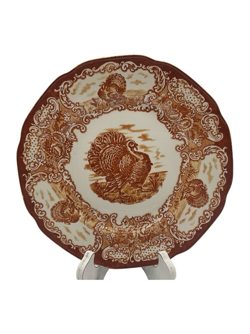 R and M Staffordshire VTG Transfer Turkey 10 Inch Dinner Plates Reddish Brown